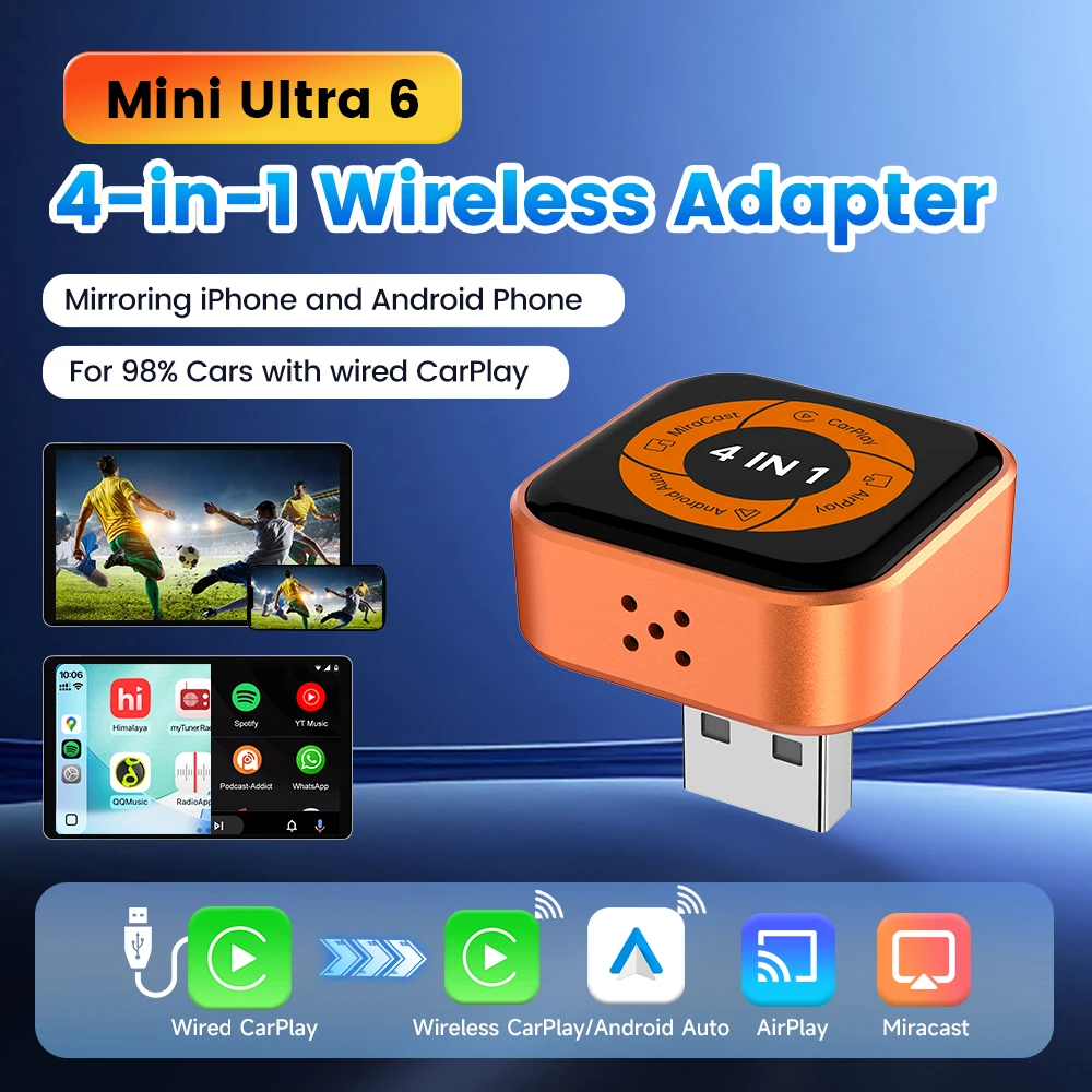 4 In1 Mini Car AI Box Convert Wired to Wireless CarPlay Android Auto Adapter AirPlay Miracast Screen Mirroring USB Plug&Play