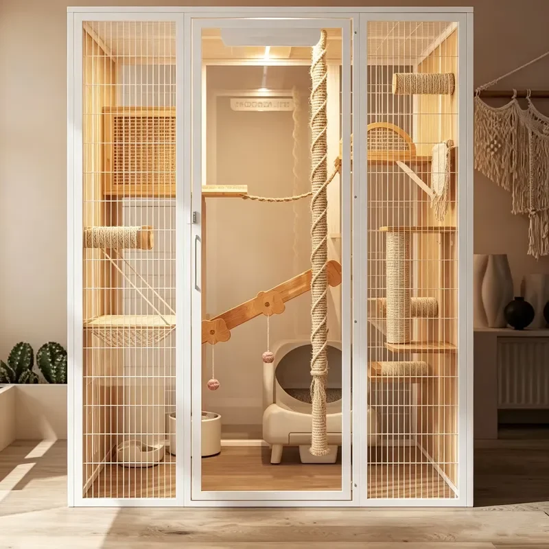 Household Cat Villa Eco Natural Wood Multi-Layer Platform Curved White Frame Cat Villa for Indoor Kitten Daily Rest Play