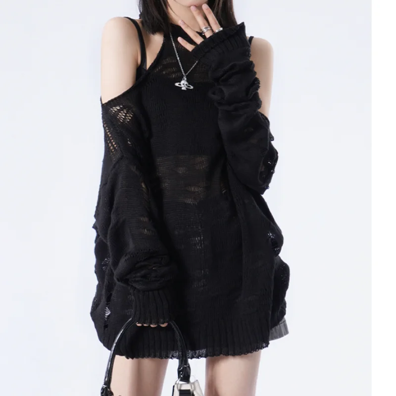 Deeptown Gothic Black Ripped Mesh Sweater Women Harajuku Knitted Jumper Off-shoulder Knitwear Korean Fashion Goth Y2k Streetwear