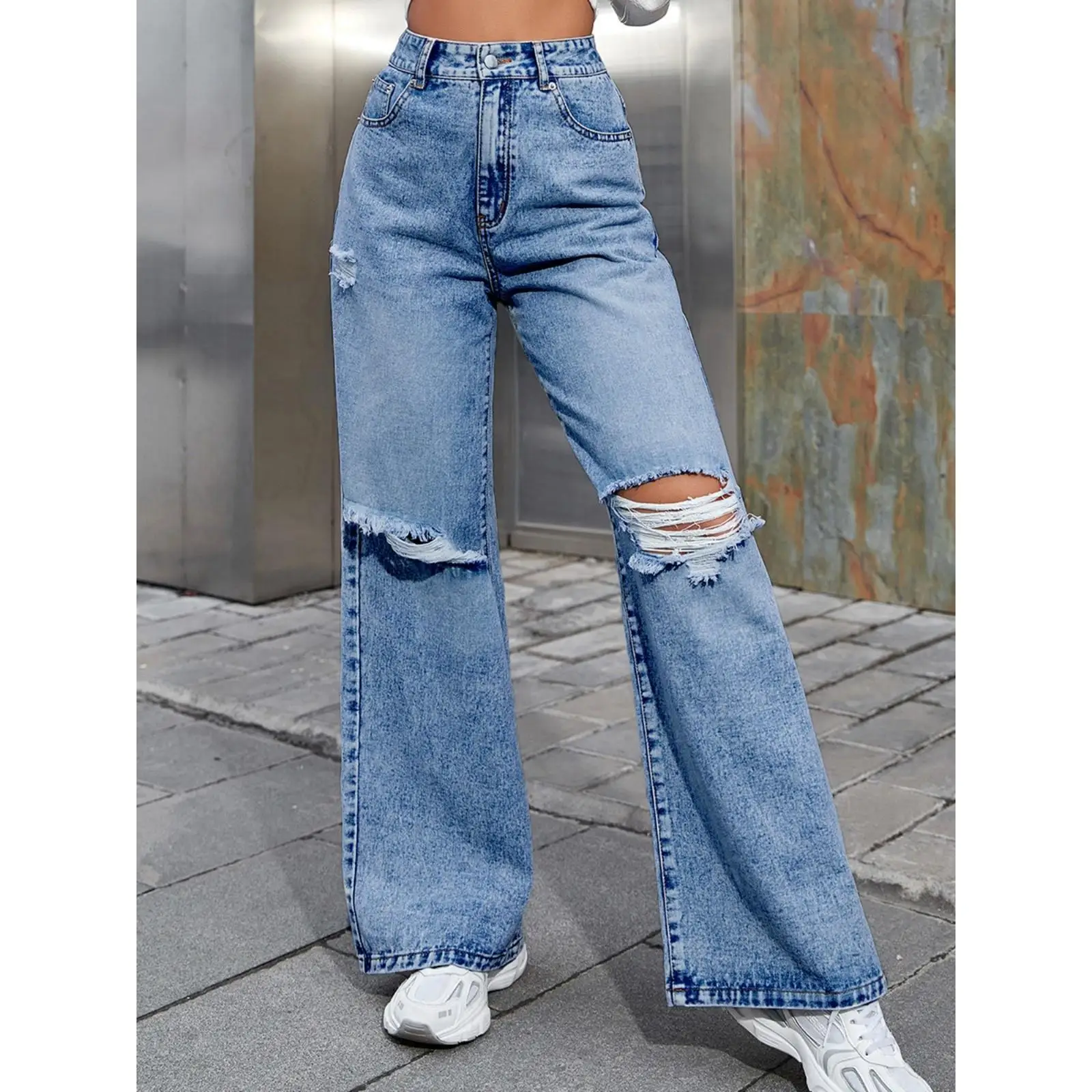 

Свободные летние джинсовые брюки. Женские повседневные широкие джинсы. Длинные брюки с высокой талией. Модные женские джинсы с разрывом.