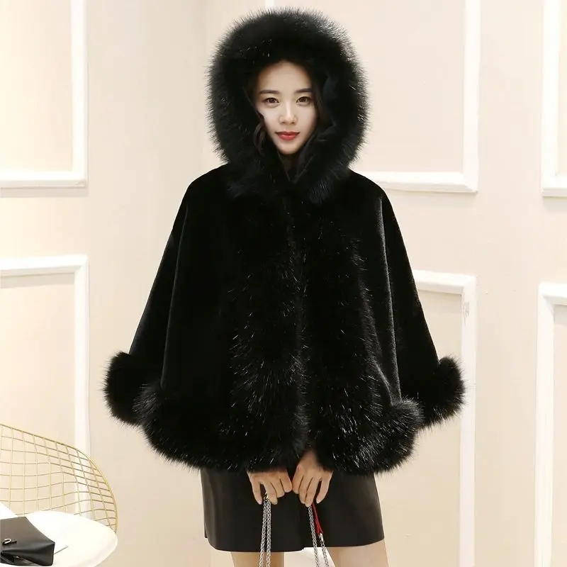 

Fall Winter Fox Artificial Faux Fur Poncho Coat Lady Jackets Coats Women Sleeveless Party Cloth Top Hooded Shawl Cloak Cape E588