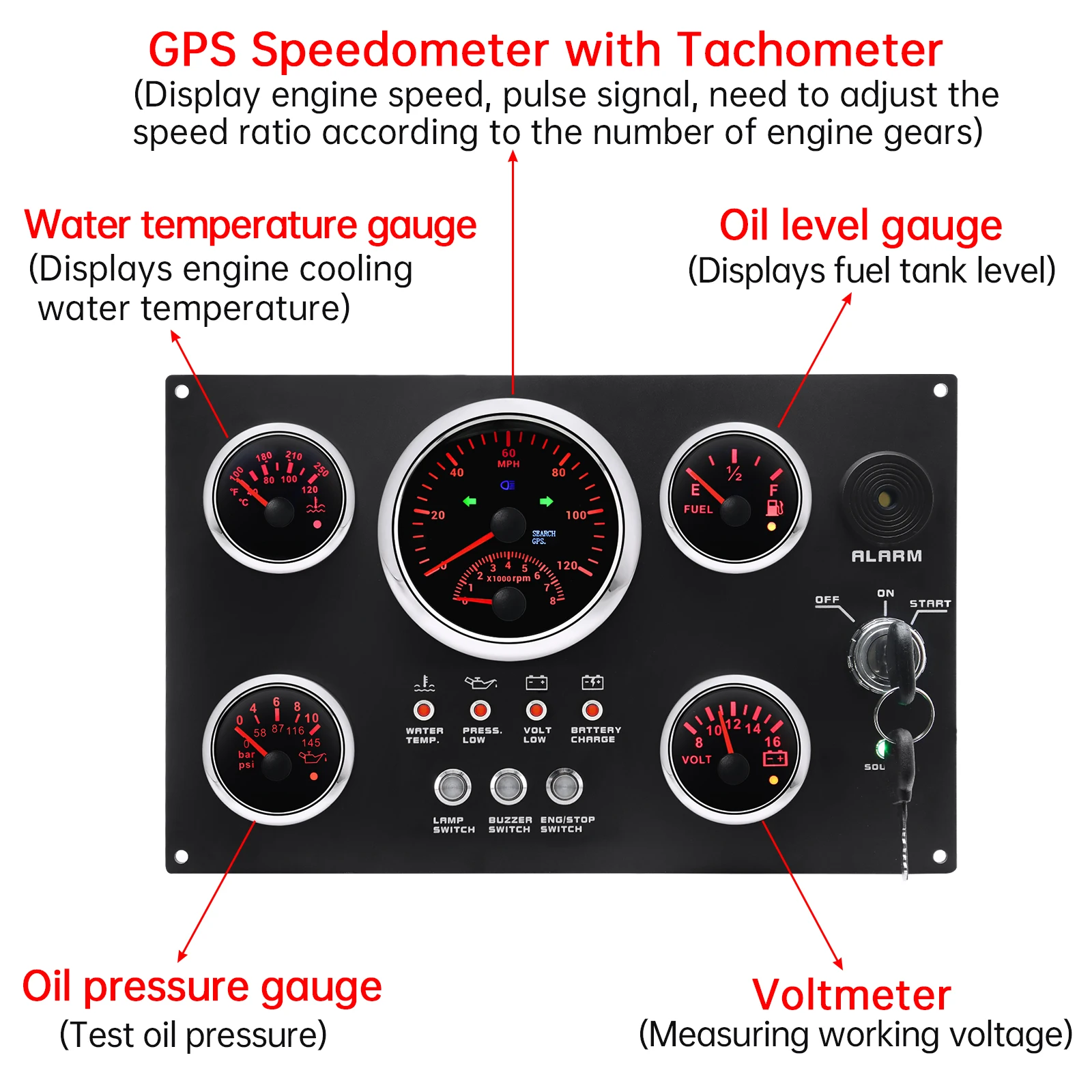 AD 5 Gauge Set with Marine Diesel Engine Inboard Outboard Instrument Panel 0-120MPH/0-8000RPM Red LED For Marine Boat Car Truck