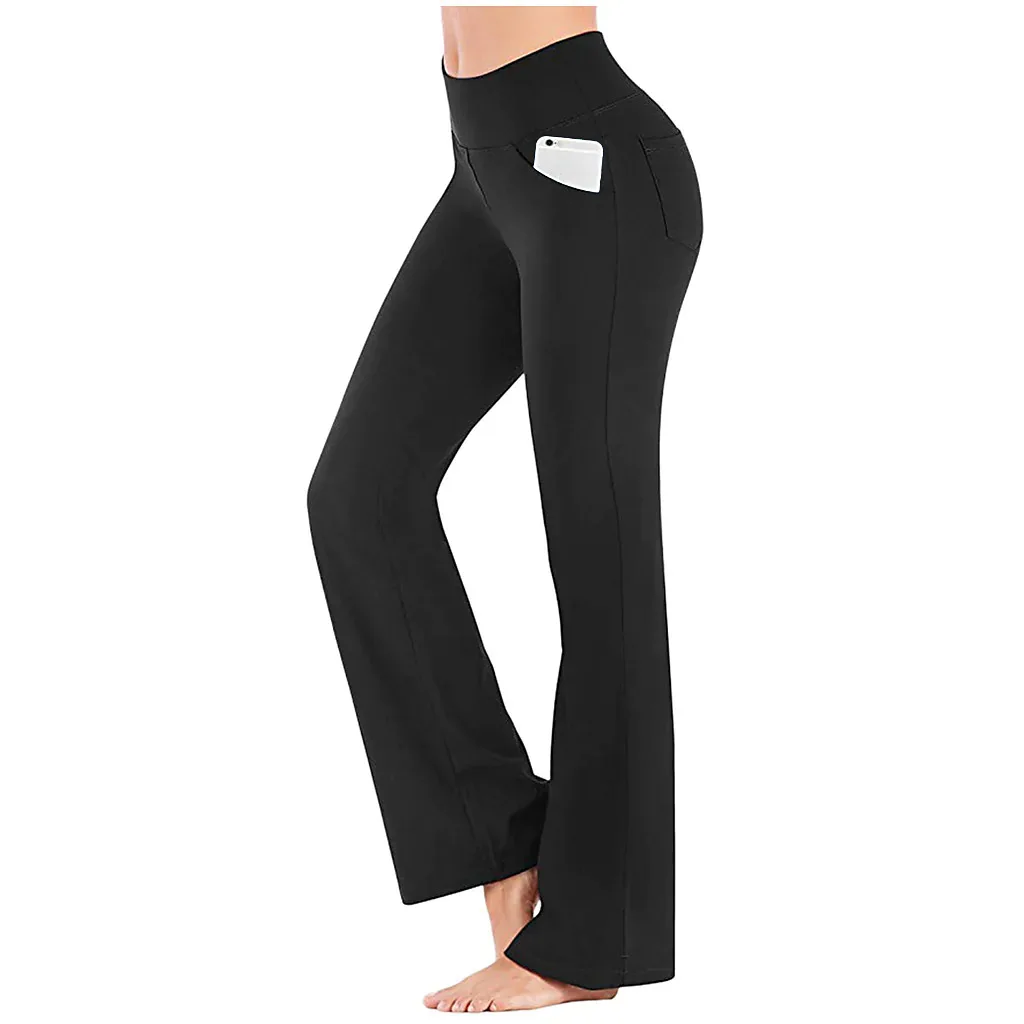 Women Flared Wide-leg Trousers High Waist Casual Yoga Pants Ladies Loose stretchy Pants With Pockets Female Career Long Trousers