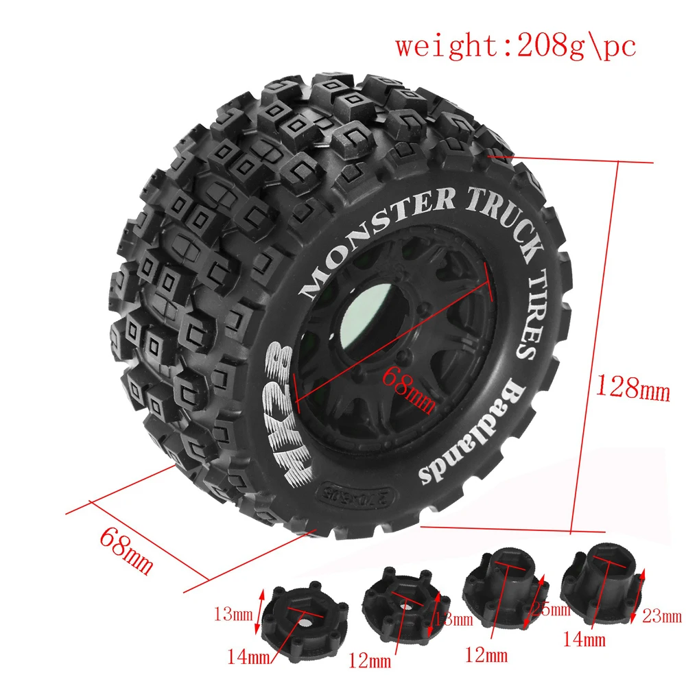 4pcs 128mm 1/10 Monster Stunt Truck general Tire 12mm and 14mm Hex for TRAXXAS MAXX ARRMA Granite KRATON Outcast Tamiya Losi Red
