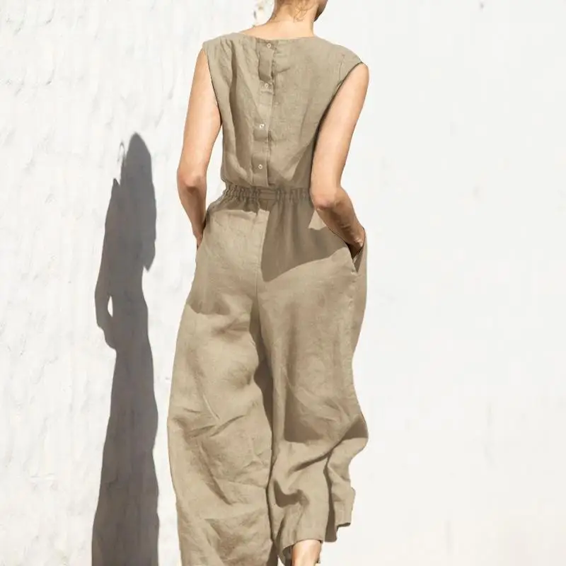 

Casual Cotton Linen Jumpsuit Loose Street Sle Women's One-Piece Long Pants Comfortable Breathable Straight Leg Mid-Waist