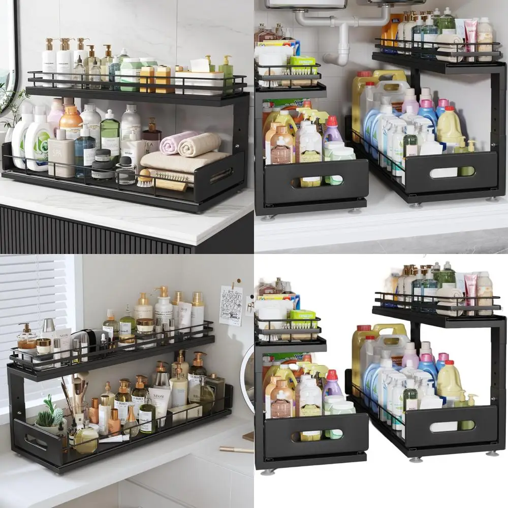 

Dual-Tier Pull-Out Cabinet Organizer with Soft-Close Drawers for Kitchen and Bathroom Storage in Black