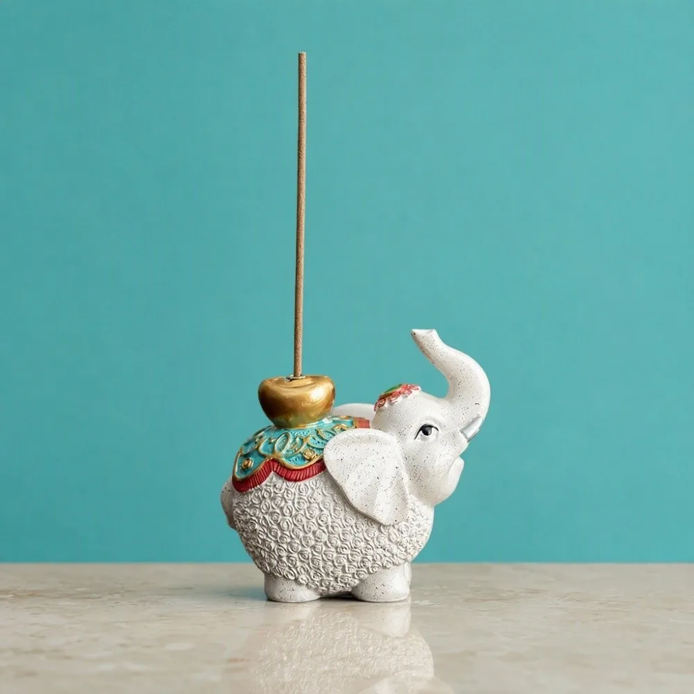 Vintage Cloisonne Style Lucky Elephant Incense Burner Zen Chinese Style Thai Style Elephant Censer Holder Resin Ornament