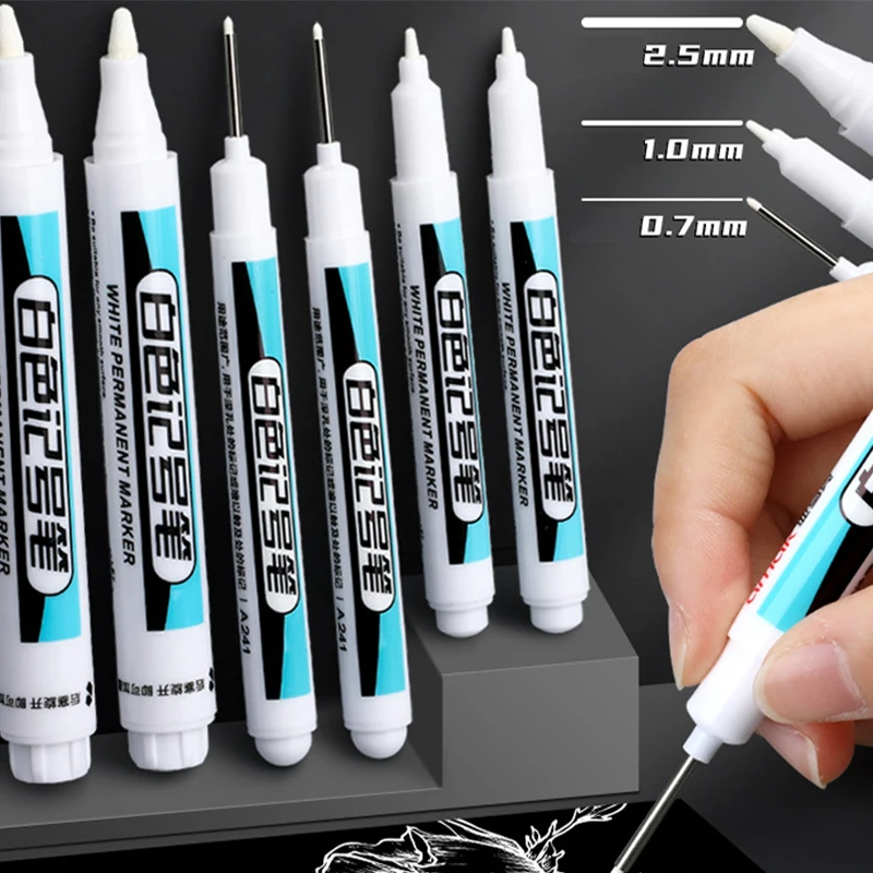 Waterproof White Marker Pen, Paint Tread Canetas Ambientais, Car Tire Pintura Graffiti Papelaria, Material Escolar, 0.7mm, 1.0mm, 2.5mm