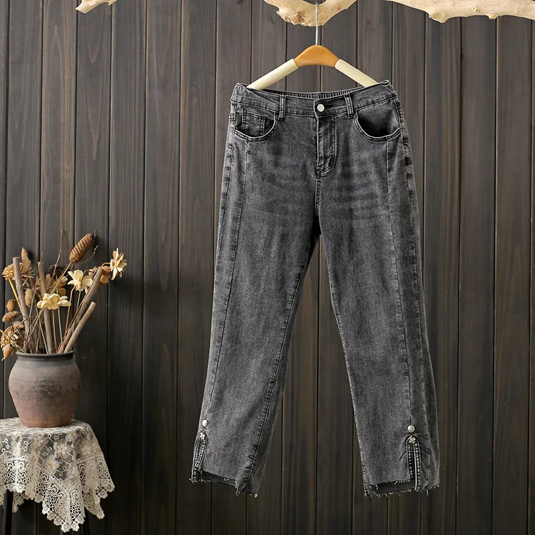 High Waist Straight Leg Jeans for plus Size Women Summer Fashion Split Design Cotton Stretch Denim Slimming Effect Pear Shape...
