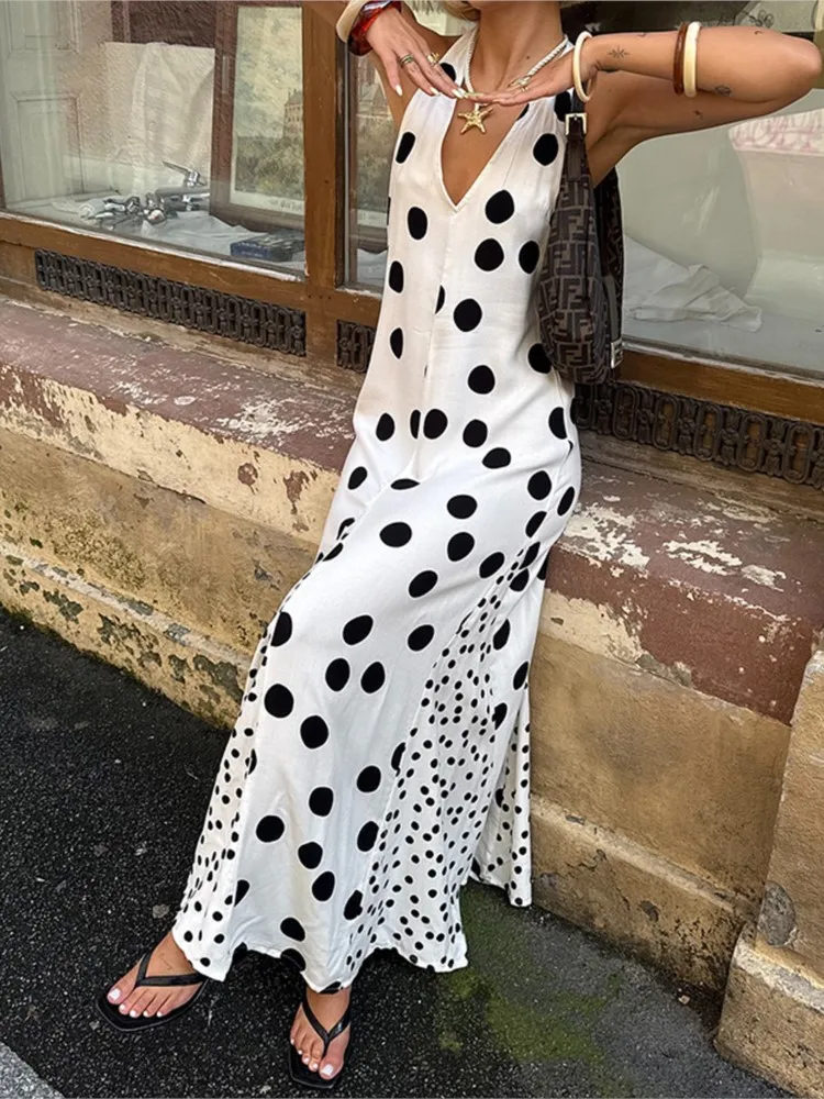 Elegant Women Dress Summer Autumn Fashion Simple Polka Dot Sleeveless Cinched Waist Maxi Bodycon Streetwear Soft Vestidos