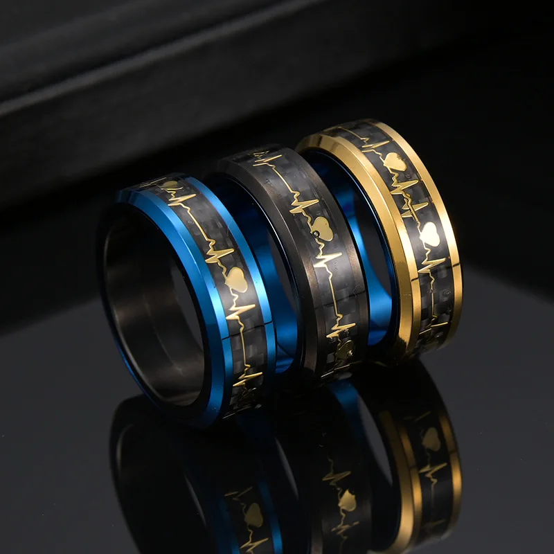 8mm New Cool Stainless Steel Rotatable Ring for Women Man High Quality Electrocardiogram Rings Rotatable Punk Party Jewelry