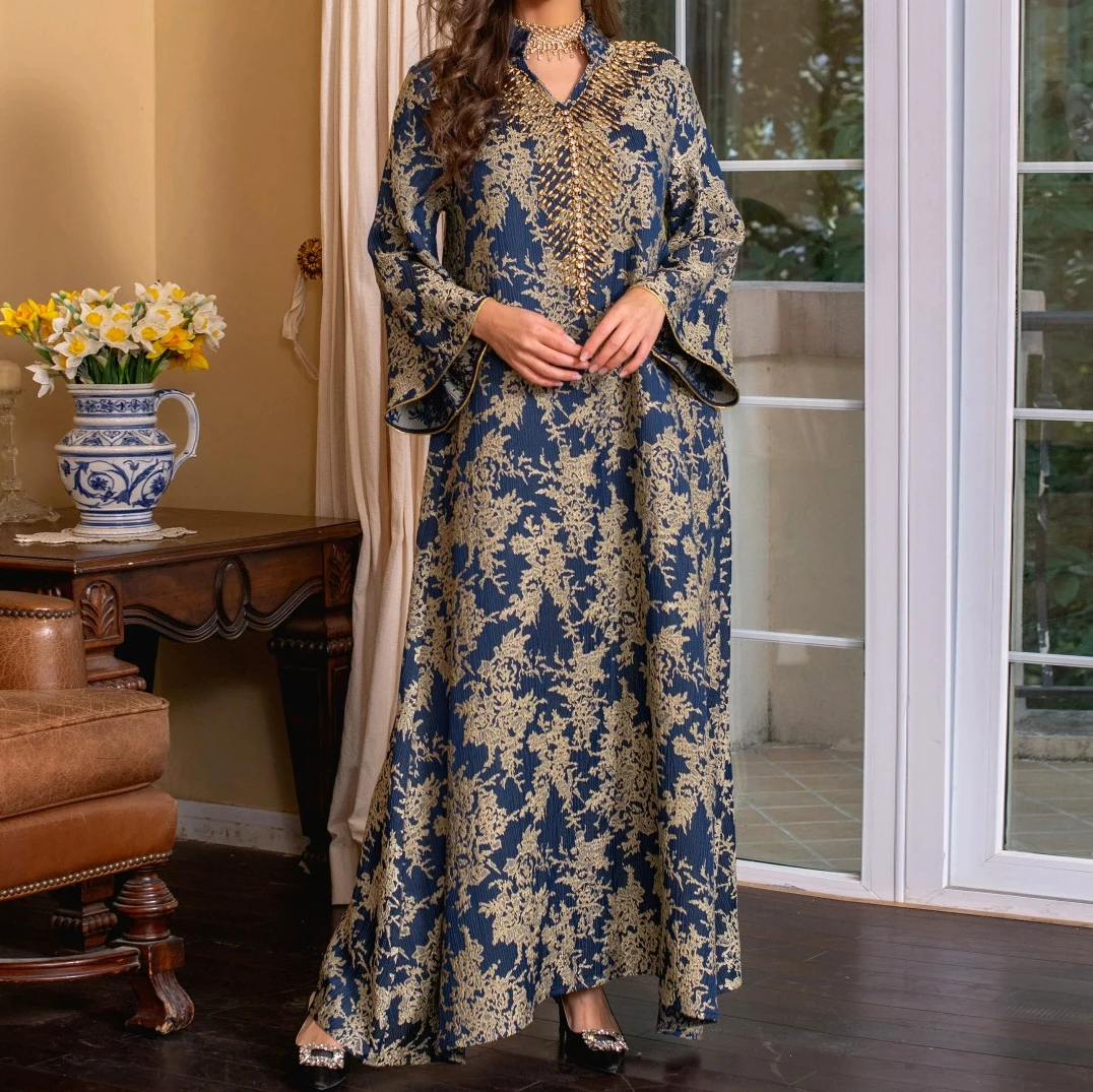 

Muslim evening dress jacquard embroidery dress beaded fashionable Arabian Dubai robe-GZXX521