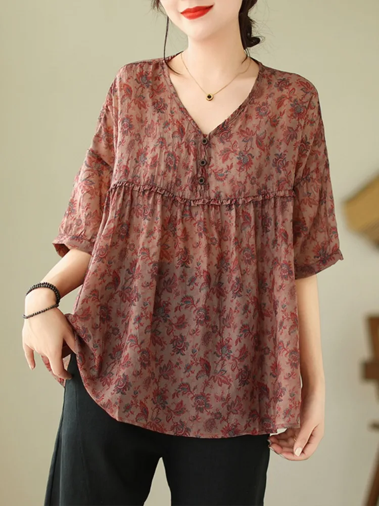 

plus Size Floral Cotton Linen ort Sve Women's irt Summer Anti-Aging V-Ne Slimming Overhead Top Thin Outerwear