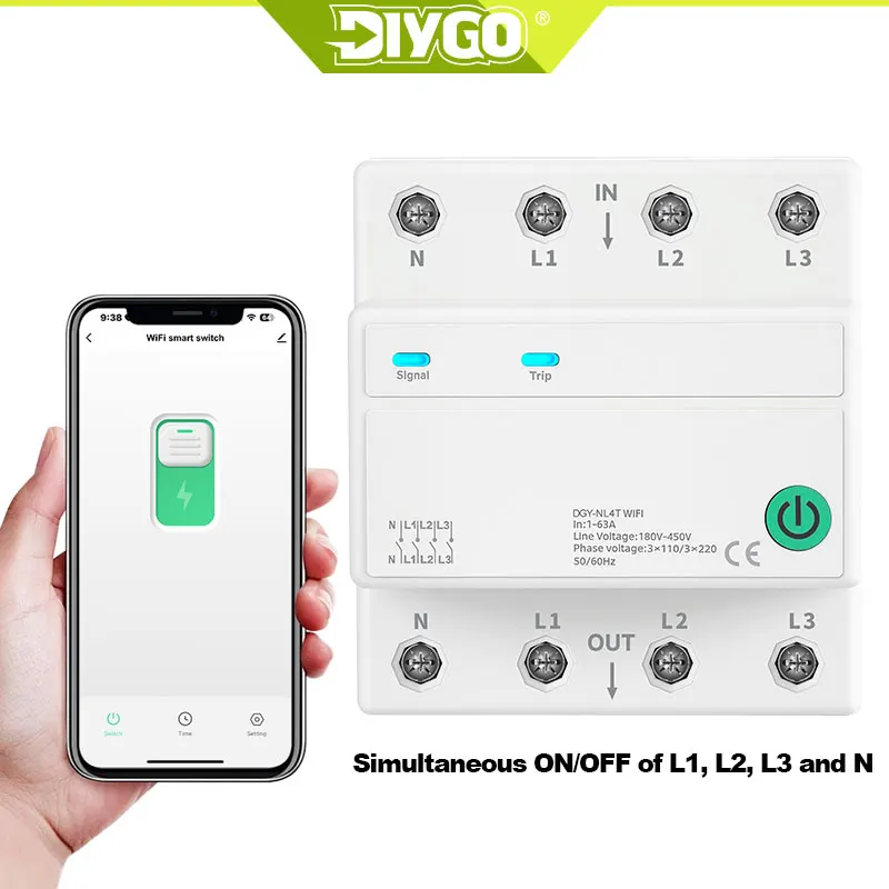 DIY GO 4P WIFI Circuit Breaker 4 Relay  AC3*110V 3*220V 1-63A CUT OFF L N Timer Countdonwn Relay Status WIFI Smart Switch 3P+N