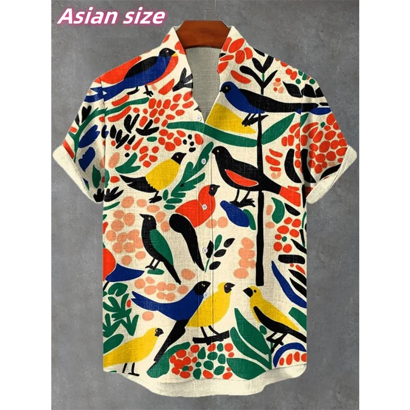

Cat Bird Tree Pattern Hawaiian Shirt For Men Animal Plant 3D Printed Short Sleeve Summer Loose Street Aloha Shirts Lapel Blouse