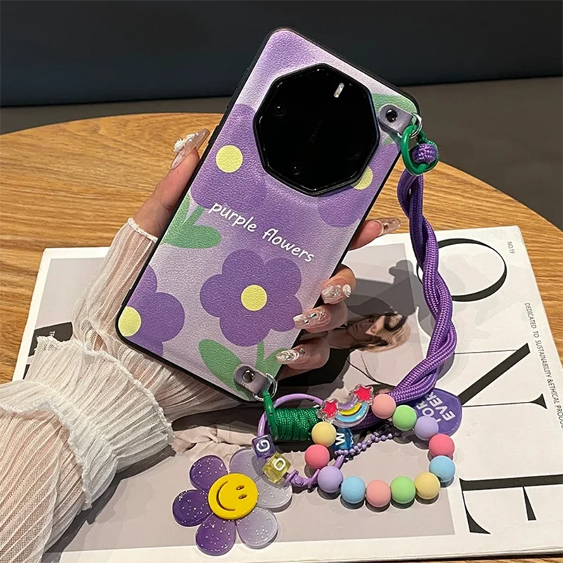 

For Huawei Mate 60 /60pro/50pro/40 pro Case cute Purple Smiling Sunflower Phone Case Kawaii Leather cover with hinge
