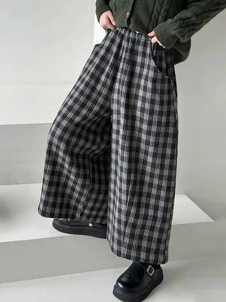 EAM Plaid High Elastic Waist Wide Leg Ankle Length Vintage Pants New Trousers Women Fashion Tide Autumn 2026 30A4051
