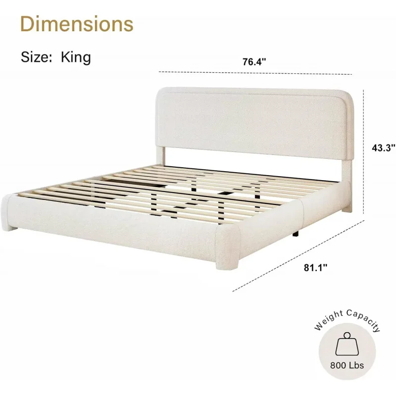 King and Headboard,Boucle Upholstered Platform Bed Frame,Modern Style,Soft Rounded Corners,No Box Spring Required,Easy