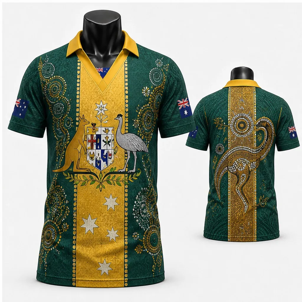 Mens Australia Ornate Kangaroo Emu Crest Semi Polo V Neck T Shirt Short Sleeve Casual Streetwear Top in Vintage Style Daily Wear