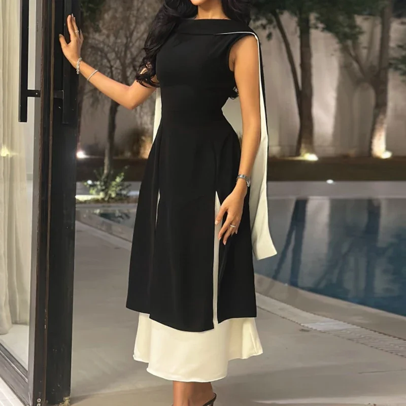 Spring Summer New Color Blocked Banquet Dress Elegant High Waist O Neck Vintage Long Dress Chic Women Slim Ribbon Evening Dress