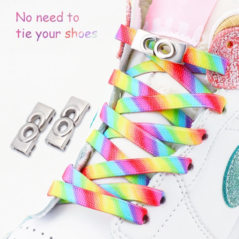 

No Tie Shoe Laces Metal Buckle Lock Shoelaces Gradient Rainbow Shoelace Without Ties Elastic Flat Laces Sneakers for Kids Adult