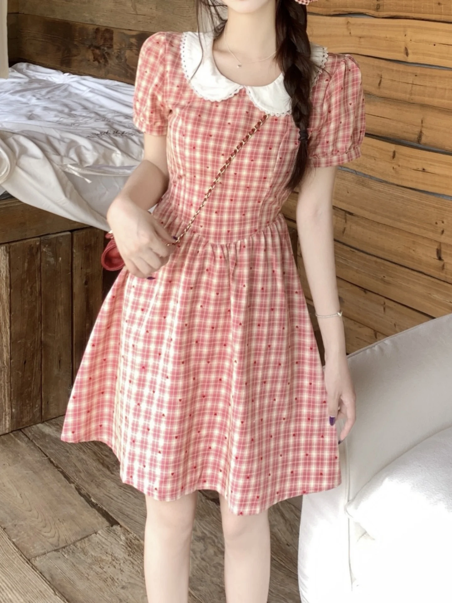 plus Size Sweet Girl Doll Collar Plaid ort Sve Dr Summer Slimming High Waist A-Line Skirt Bubble Sve Soft Fabric