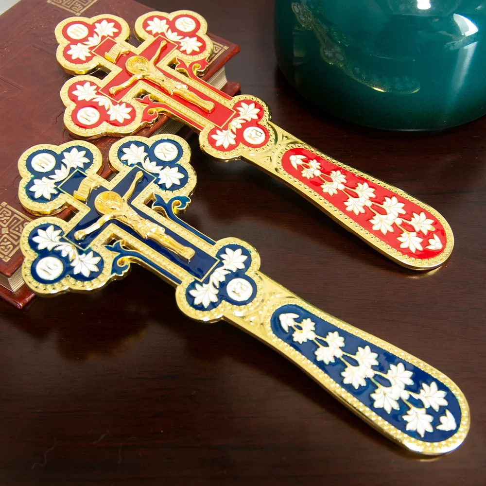 

Jerusalem Orthodox Religious Decoration Carved INRI Colorful Enamel 23cm Handheld Crucifix Orthodox Cross for Church Prayer