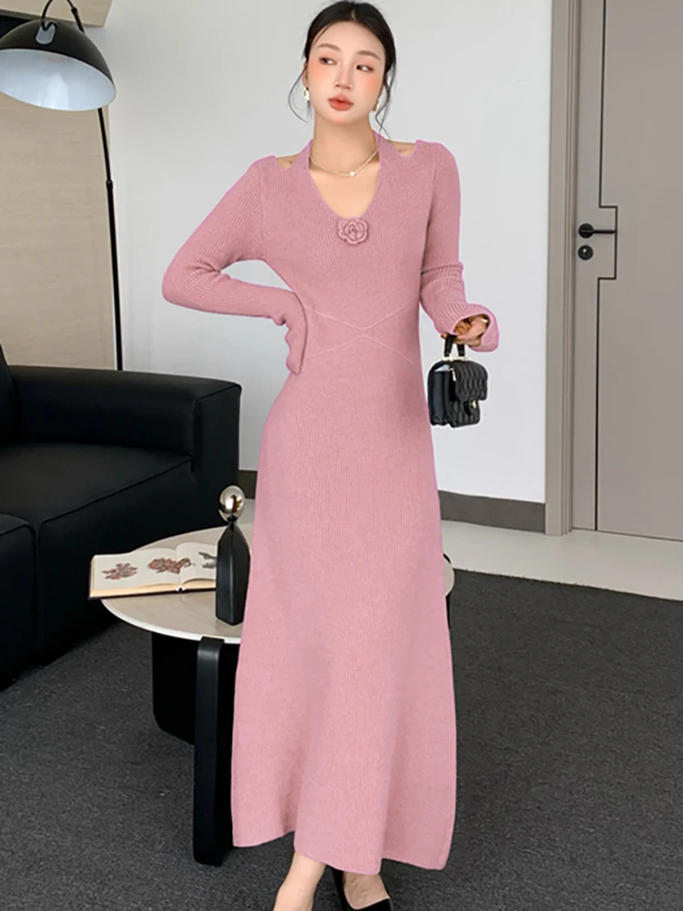 2025 핑크 니트 긴팔 빈티지 브이넥 드레스 가을 겨울 우아한 캐주얼 스웨터 드레스 여성 한국 바디콘 프로모션 드레스