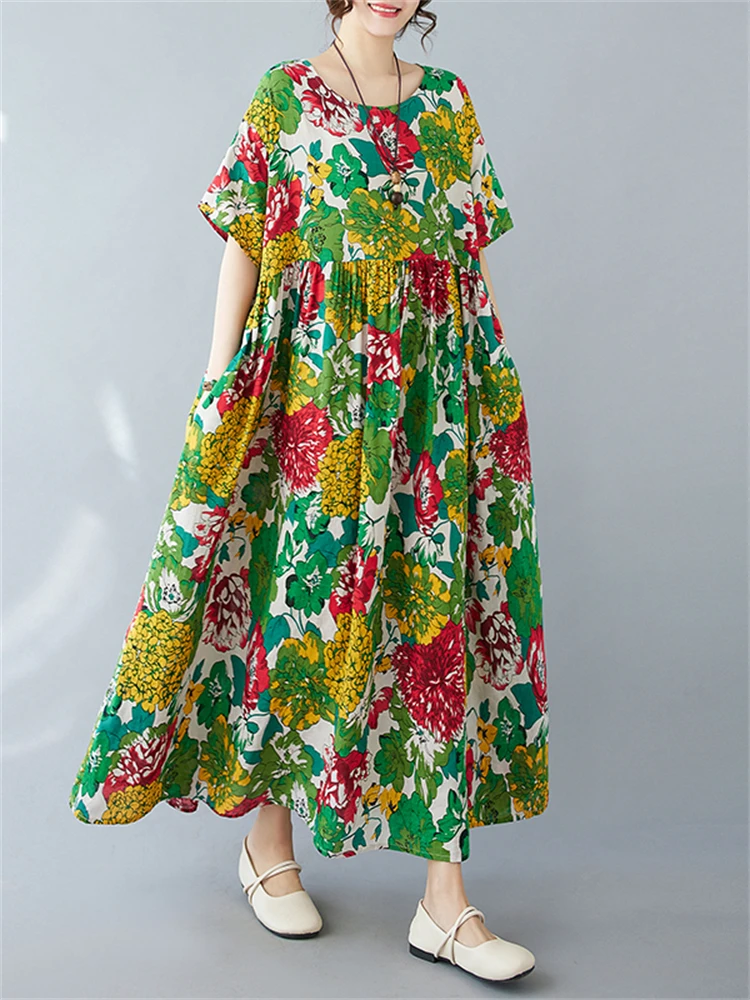 

2024 Summer Oversize Short Sleeve Print Vintage Dresses For Women Cotton Casual Loose Dress Femme Robe Vestidos Elegant Clothing