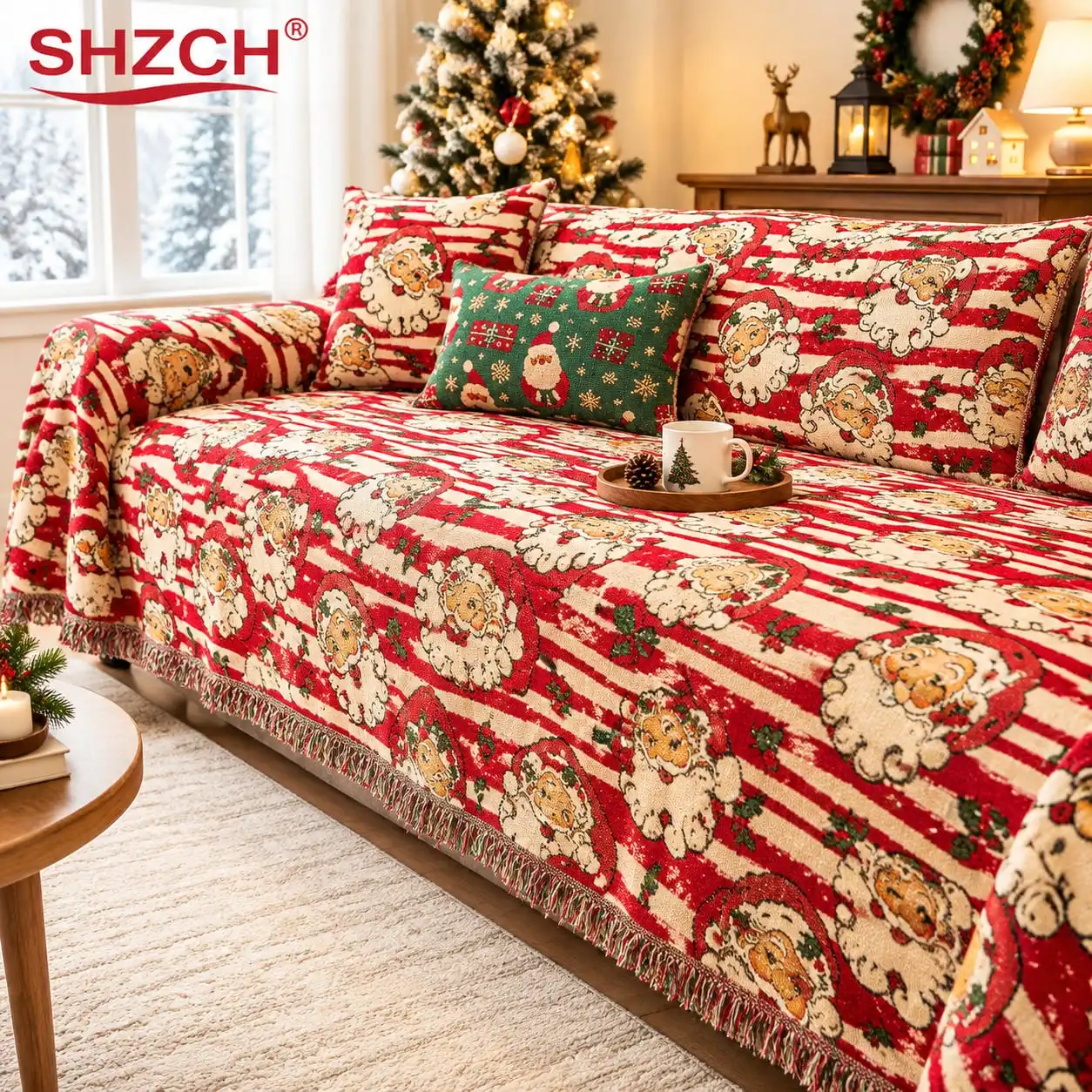 Xmas Holiday Sofa Throw Cover Vintage Santa Claus Printed Tapestry Blanket with Tassel Fringe Easy Care for Christmas Home Deco