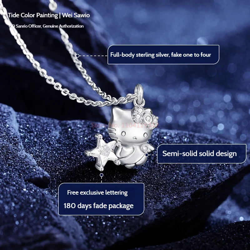 Angel Hello Kitty 925 Silver Necklace Cartoon Anime Character Y2k Sanrio Necklace Female Charm Rhinestone Pendant Women Gift