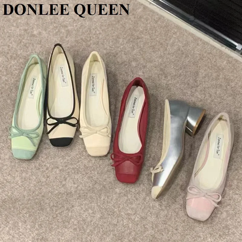 French Square Toe Bow Flats Shoes 2023 New Autumn Shallow Fairy All-match Gentle Office Dress Low Heels Pumps  Female  Ballerina