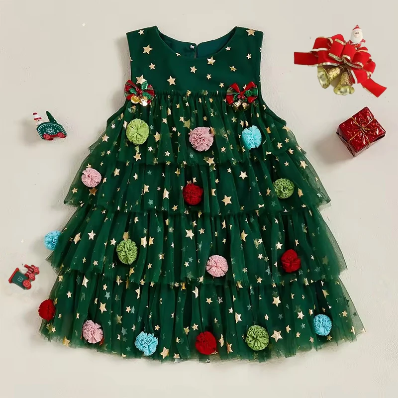 

Christmas Kids Girl Layered Dress 1-6Y Sleeveless Shiny Stars Lace Tulle Xmas Party Costume Sundress with Bells Princess Dresses
