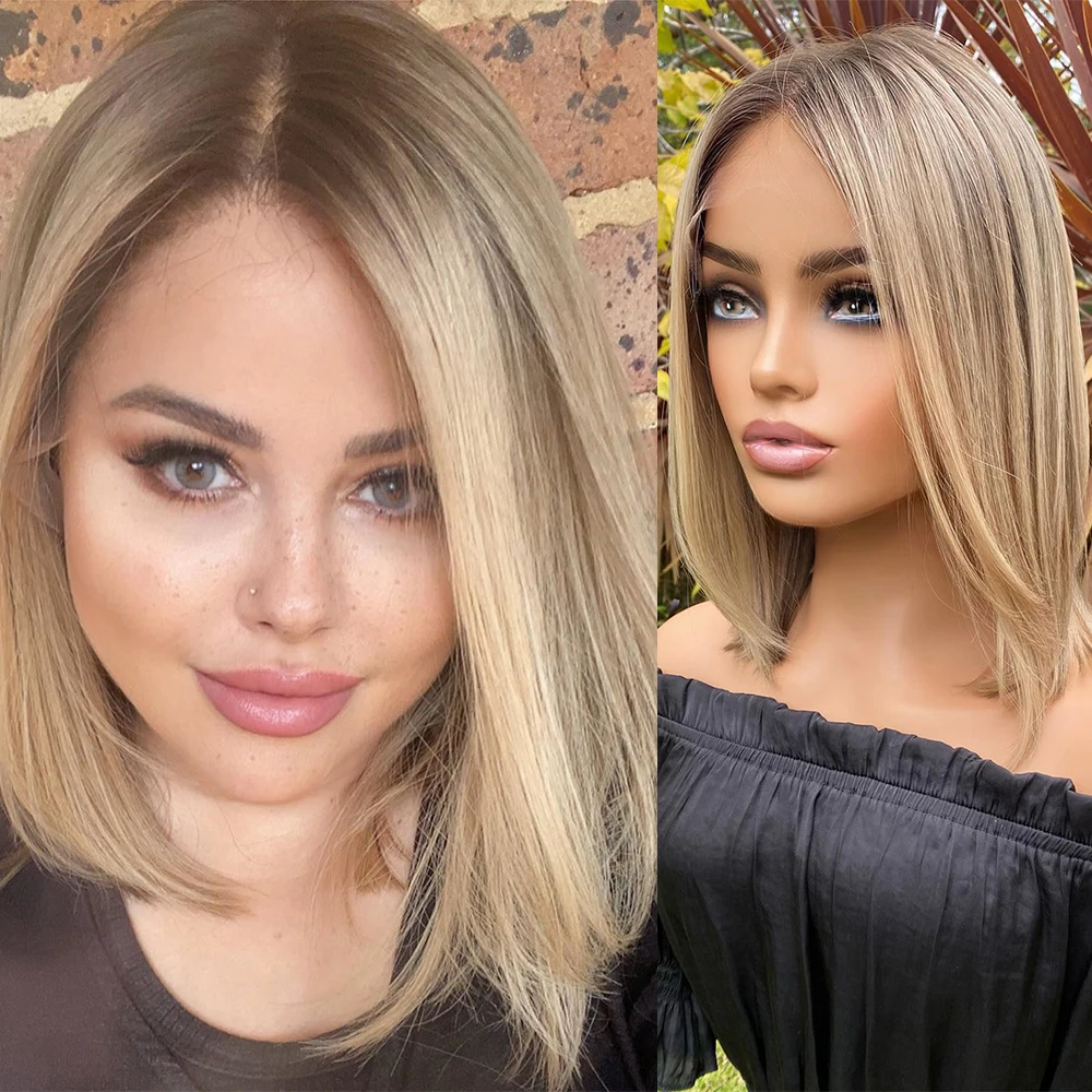 

Soft Cute Bob Lace Wig Lovely Blonde Highlights Lace Front Wig Premuim Human Hair Straight 13x6 HD Lace Front Wig Ashy Roots