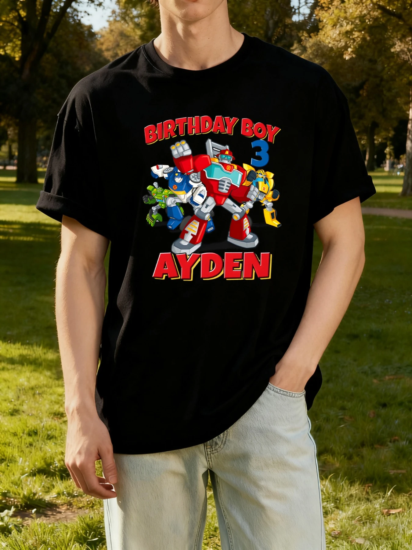 Camiseta Transformers animada "Optimus Prime e Bumblebee" com estampa criativa de 67 números, moda casual com gola redonda