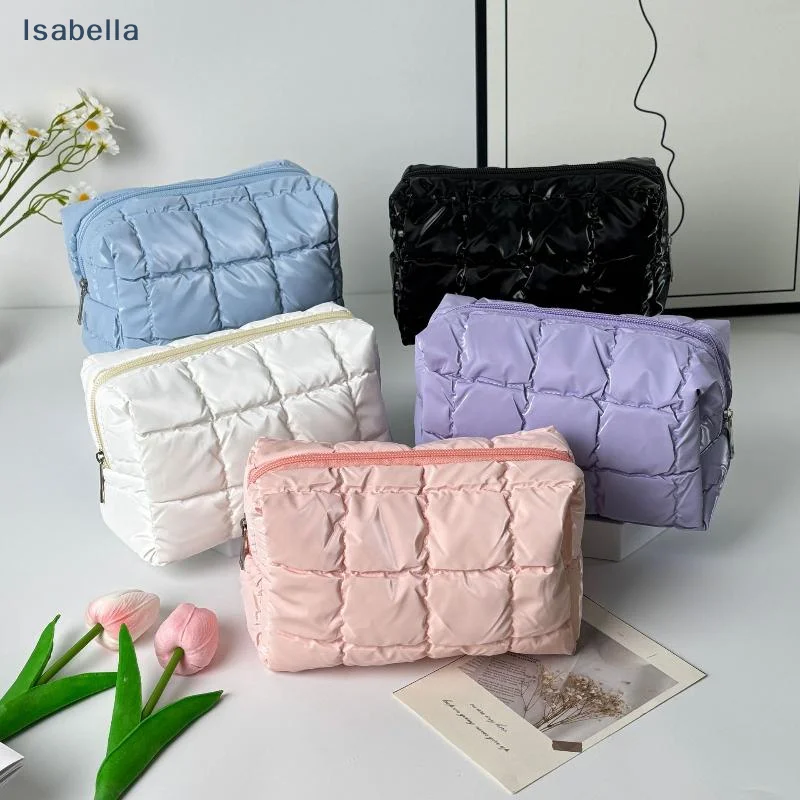 ♩Cute Soft Cotton Puffer Quilted Makeup Bag Zipper Large Toiletry Bag Puffy Padded Cosmetic Organizer For Women