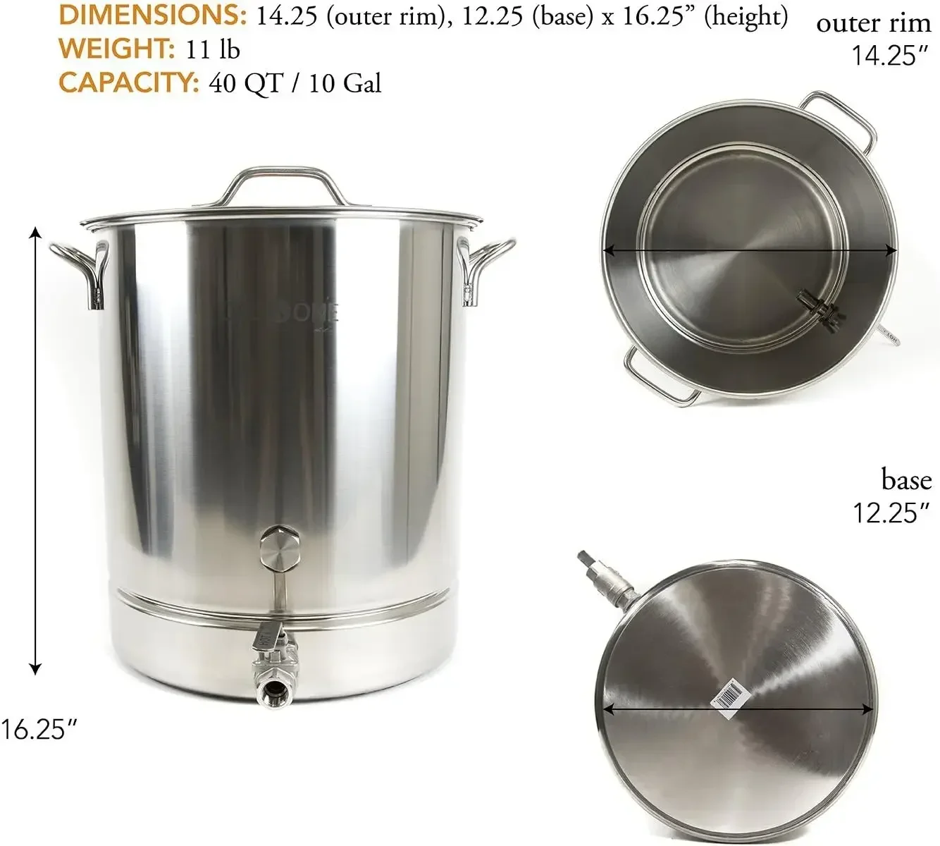 Stainless Steel Kettle Pot Pre Drilled 4 PC Set Quart Tri Ply Bottom for Beer Includes Lid Spigot-Home Brewing Supplies