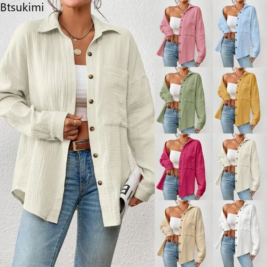 

2024 Women's Commuter Loose Casual Shirts Solid Single Breasted Long Sleeve Cardigan Tops Ladies Simple Cozy Shirt Coat Blouses