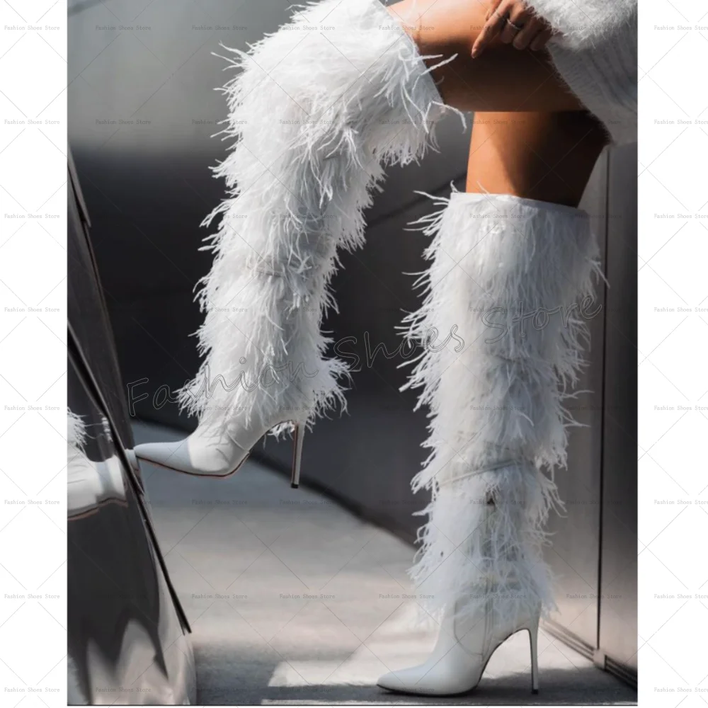 Roxo lado zíper pena decoração botas dedo do pé apontado sapatos femininos stilettos salto alto festa banquete namoro 2025 zapatos para mujere