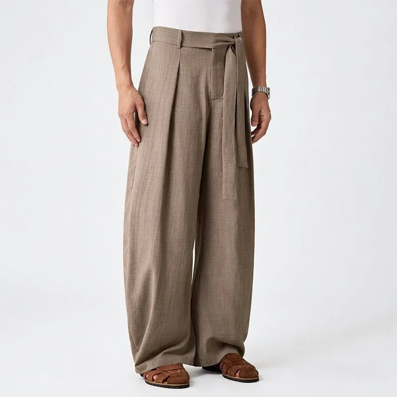 KIDWHXR Herrenhose, locker geschnitten, mittelhoher Bund, atmungsaktiv, Vintage-Plisseehose, gerade geschnitten, mit Kordelzug, Business Casual Herrenhose – Detail 16