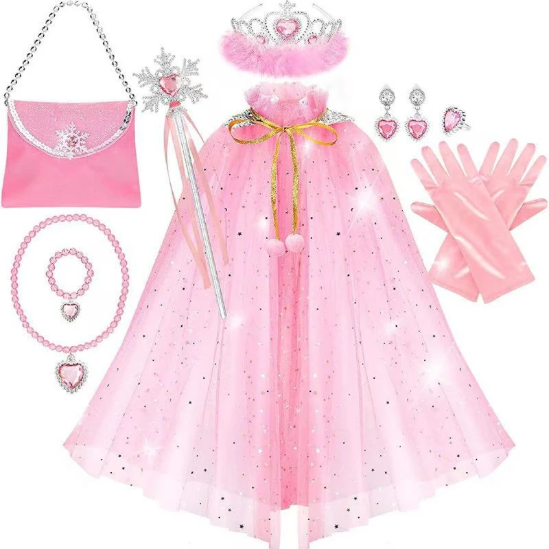 Pastel Multicolor Star Mesh Cloak Accessory Pack Toddler Belle Style Crown Scepter Bead Satin Gloves Mini Purse Holiday Outfit