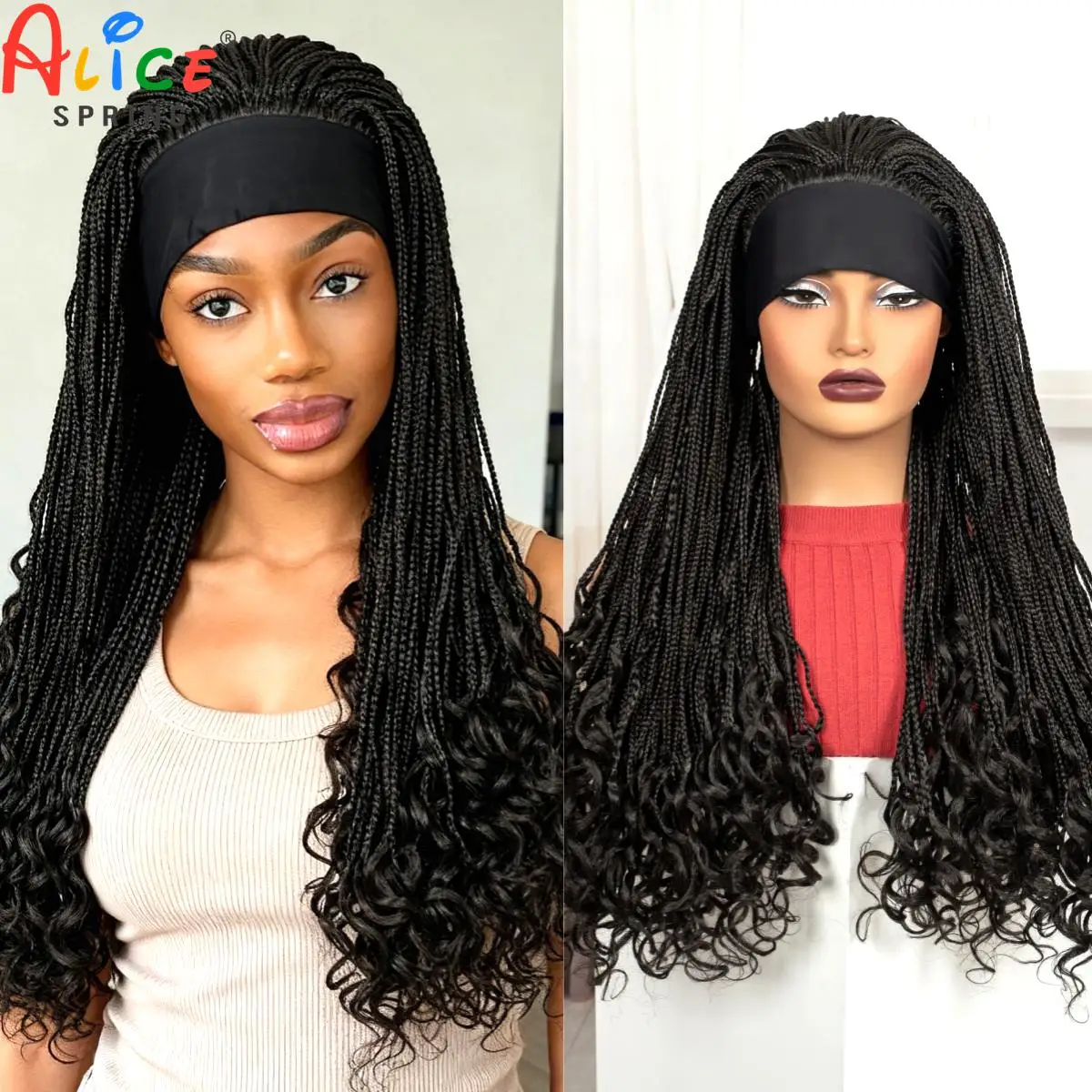 

28inch Natural Headband Braided Wigs Synthetic Full Machine Made Colored Braiding Hair Wigs with Wavy Ends for Black Women