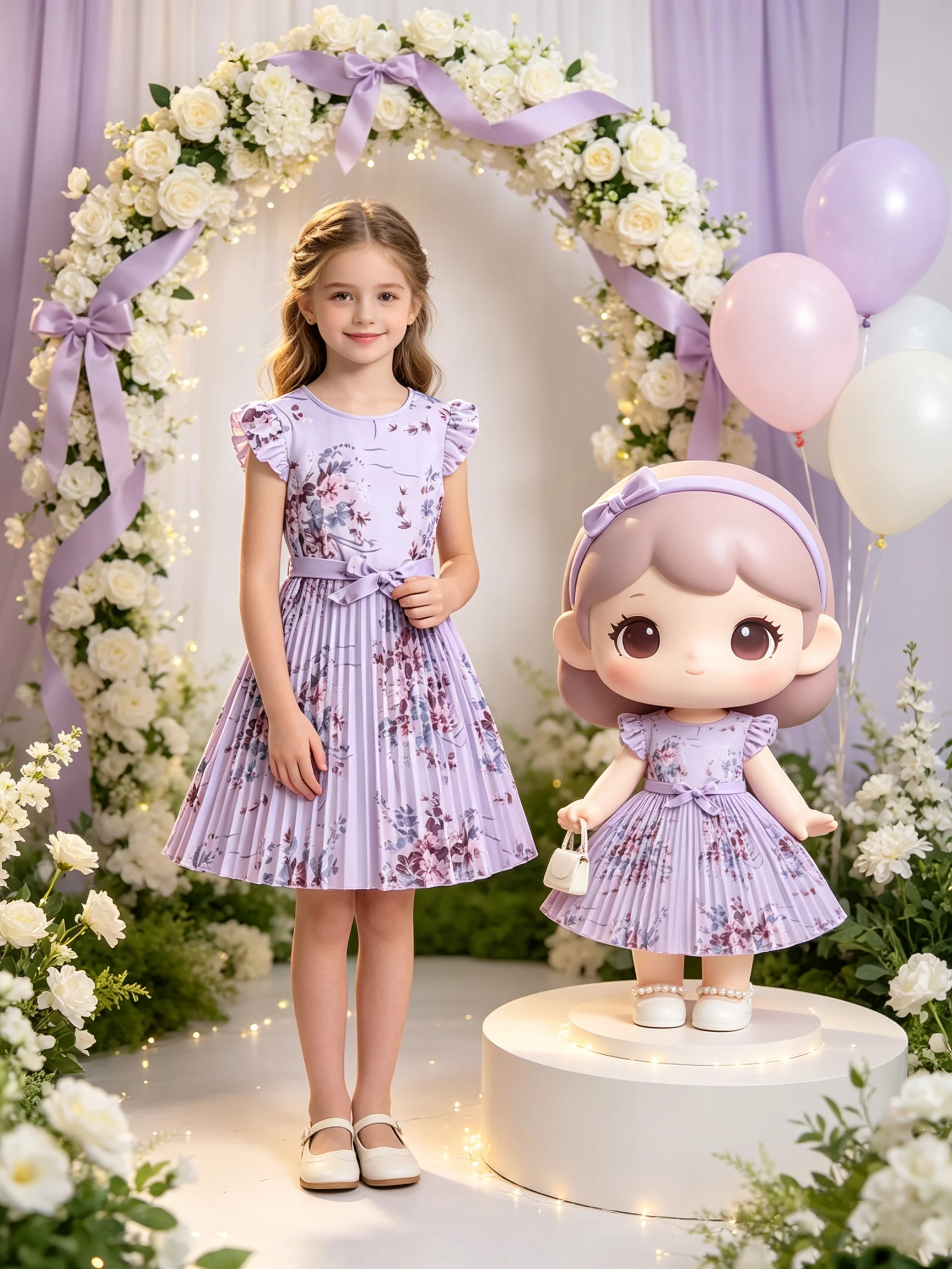 Mädchen-Plisseerockkleid mit Rüschenärmeln, Taillengürtel, Blumenmuster, knielanges Herbstkleid für Kinder – Detail 2