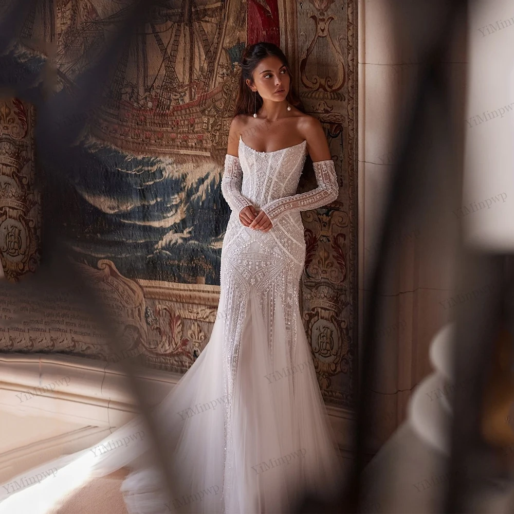 

Exquisite Mermaid Crystal Wedding Dresses For Women Detachable Full Sleeves Strapless Lacing Up Bride Gown Appliques Customized