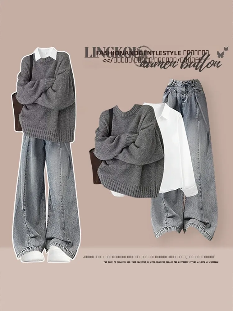 

Large Size Autumn Winter Casual Knitted Sweater Set round Neck Base Shirt with Unique Style Jeans Three Piece Set for Women