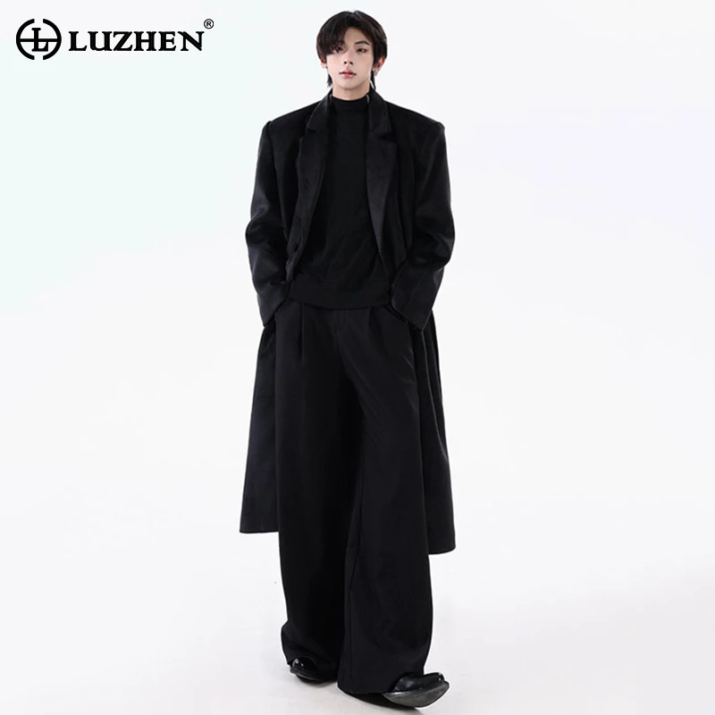 

LUZHEN Fashion Elegant Temperament Belt Decorate Tie Up Waist Knee-length Windbreaker Coat Men 2025 Autumn Casual Trench JY4192