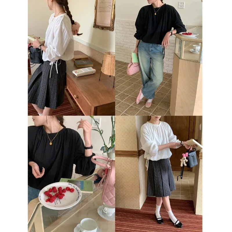 

Новая модель ранневесенней рубашки в корейском стиле с круглым вырезом, на шнуровке, свободного кроя, с длинными рукавами