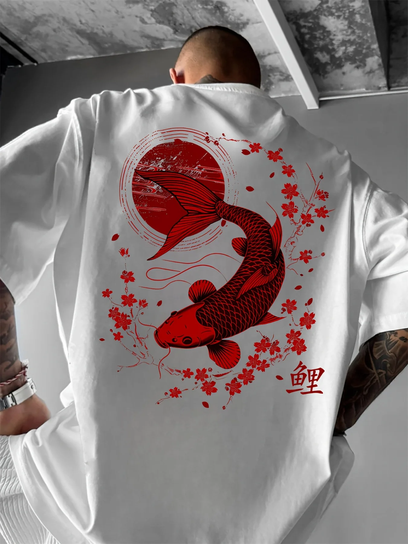 Japanese Red Koi Fish Print with Cherry Blossoms on 100 Cotton Mens T shirt Great for Summer Streetwear and Casual Outings