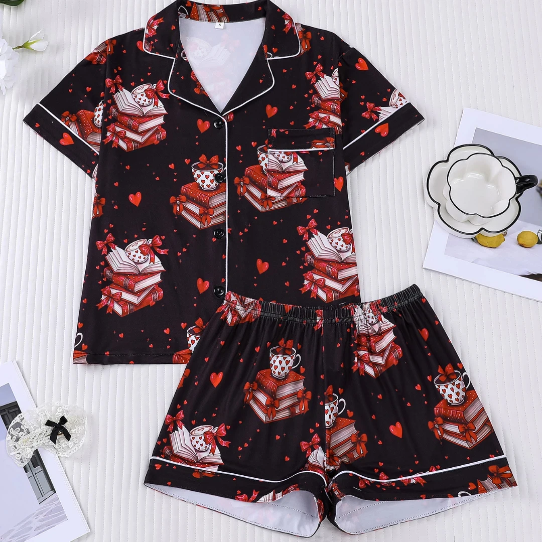

Black Women Pajama Set with Book Print Lapel Shorts-sleeved and Shorts Pants Home Wear Gifts