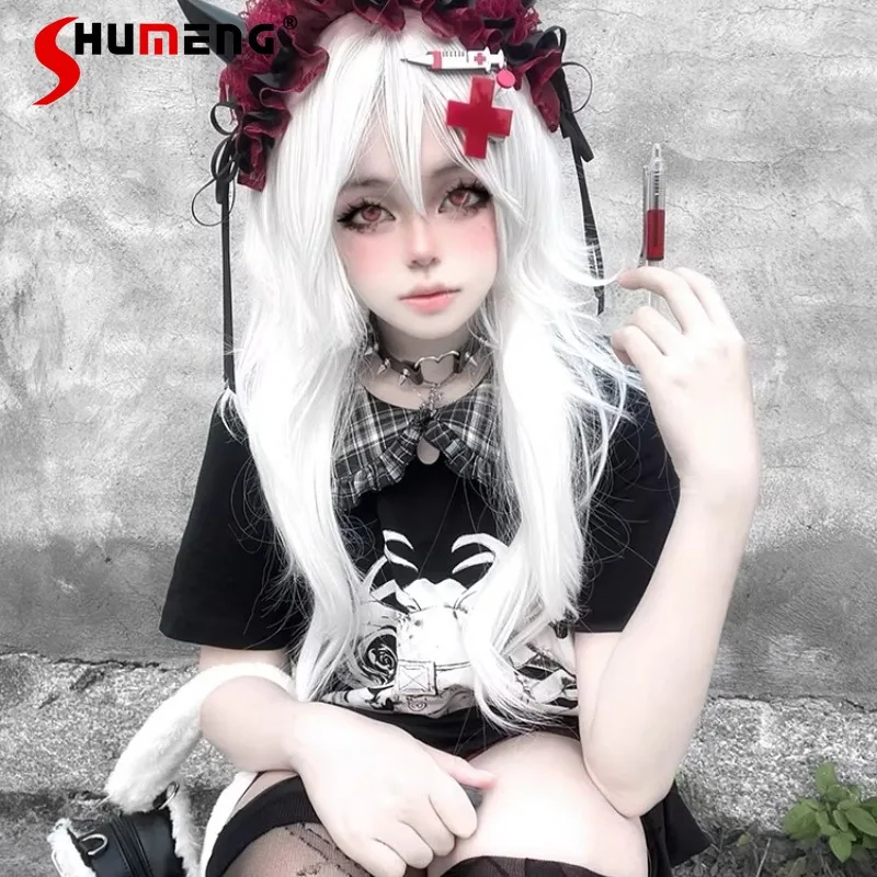 

Japanese Punk Style Original Steampunk Black Color Lapel Modified Daily Wear Dresses Women's Y2k Cartoon Short Sleeves Dress